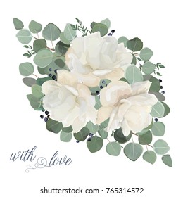 Floral card vector Design: garden white, creamy peony, Rose flower, silver Eucalyptus, thyme green leaves elegant greenery, blue berry bouquet, print, element. Rustic wedding editable invite template