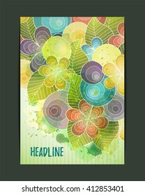Floral card. Vector template corporate identity. Business artworks with watercolor splash. Background for web, printed media design. Banner, business card, flyer, invitation, greeting card, postcard.