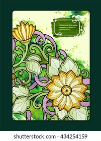 Floral card. Vector template corporate identity. Business artworks with watercolor splash. Background for web, printed media design. Banner, business card, flyer, invitation, greeting card, postcard.