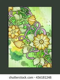 Floral card. Vector template corporate identity. Business artworks with watercolor splash. Background for web, printed media design. Banner, business card, flyer, invitation, greeting card, postcard.