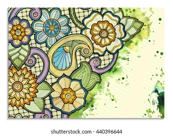 Floral card. Vector template corporate identity. Business artworks with watercolor splash. Background for web, printed media design. Banner, business card, flyer, invitation, greeting card, postcard.