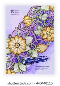 Floral card. Vector template corporate identity. Business artworks with watercolor splash. Background for web, printed media design. Banner, business card, flyer, invitation, greeting card, postcard.