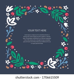 Floral card vector template. Vintage border for greeting text. Wedding invitation, holiday poster, article style design idea. Frame with hand drawn leaves and flowers elements.