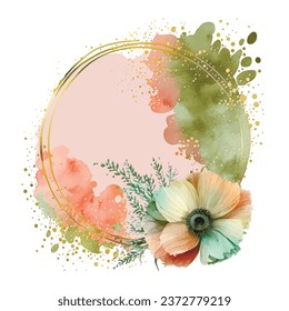 Floral card. Watercolor beautiful colorful oval pattern with frame, flowers and place for text. Watercolor romantic background. Hand drawn paint blossom flowers, leaves. Textured ornaments. Splashes.