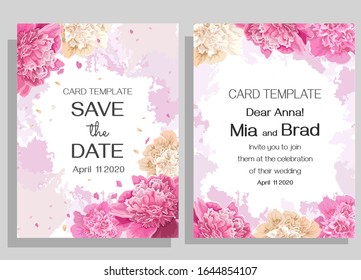 Floral card for wedding invitations. Pink and white peonies, petals, watercolor brush strokes.