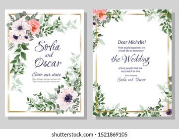 Floral card for wedding invitations. White anemones, pink roses, eucalyptus, green plants.