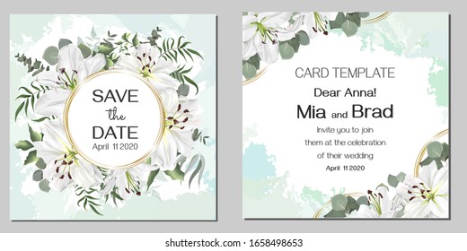 Floral Card For Wedding Invitations. White Lilies, Eucalyptus, Round Golden Frame.