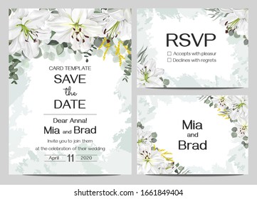 Floral card for wedding invitations. White lilies, eucalyptus, round golden frame, watercolor strokes. Template for a wedding invitation, card with name, rsvp.