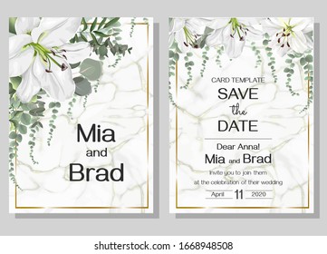 Floral card for wedding invitations. White lilies, eucalyptus, golden frame, marble background with gold.