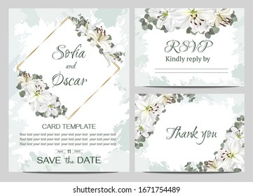 Floral card for wedding invitations. White lilies, eucalyptus, round golden frame. Invitation card, thank you, rsvp.