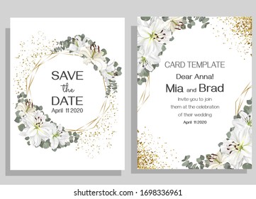 Floral card for wedding invitations. White lilies, eucalyptus, polygonal golden frame.