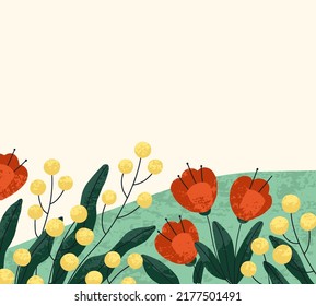 Floral card with wild flowers, field plants, grass on summer meadow. Background design with delicate blossomed wildflowers. Romantic postcard with pretty blooms. Flat vector illustration