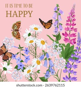 Floral card with wildflowers. Digitalis, lupine, chamomile and butterflies. For congratulations, invitations, cosmetics design.