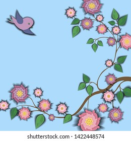 Floral card,background decorated flowers branch,bird,bright blue backdrop for  design,greetings.banner,poster, flyer with place for your text. Paper cut out style, vector illustration