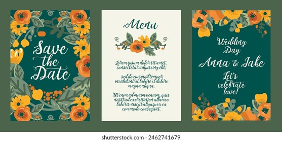 Floral cards fo folkloric style wedding party, save the date and menu cards, vector illustration