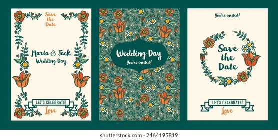 Tarjetas florales para la fiesta de bodas de estilo folclórico, Ilustración vectorial