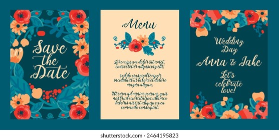 Floral cards fo folkloric style wedding party, save the date and menu cards, vector illustration