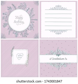 Floral cards, herbal frames, scrapbook lists mockup set. Vector hand drawn old style cards and frames collection, place for text