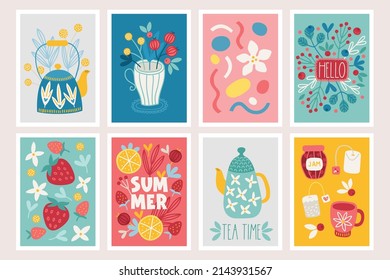 Floral cards with kettle, cup, tea, berry, blueberry, cranberry, flowers, leaves, branch, lemon. Perfect for spring and summer holidays. Vector illustration