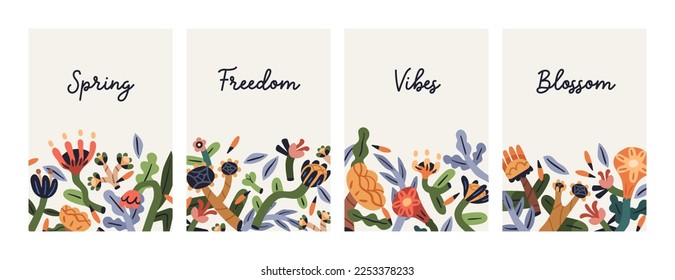 Floral cards, posters set. Modern postcards, background with naive primitive flowers. Contemporary whimsical botanical artworks, interior wall arts with abstract plants. Flat vector illustrations
