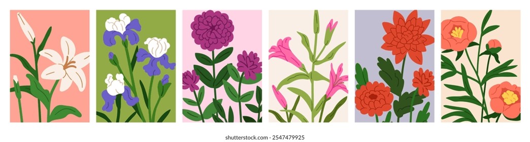 Cartões florais definidos. Flores, fundos botânicos naturais com lírio, íris, peônia, dahlia, flores de jardim. Cartazes de primavera e verão bonitos, coleção de cartões postais. Ilustração de vetor plano