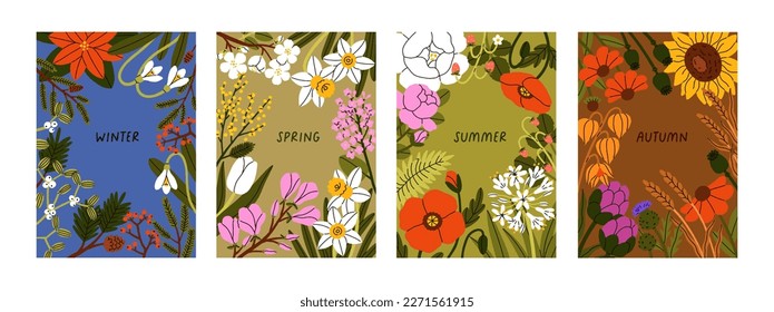 Floral cards set. Four seasons posters with winter, spring, summer, autumn flowers, delicate plants, blooming wildflowers. Vertical nature backgrounds, botanical frames. Flat vector illustrations