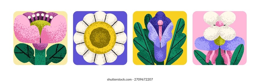 Floral cards set in modern creative whimsical style. Summer and spring flower blossoms, gentle delicate garden blooms, square nature backgrounds, abstract botanical design. Flat vector illustration