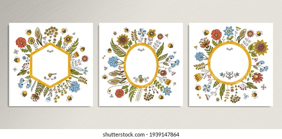 Floral cards set for your text design. Honey bee backgrounds, cute greeting invitations template. Vector illustration