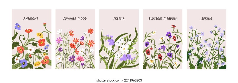 Blumenkarten mit Frühlingswiese, Feldblüten. Romantische botanische Hintergründe, floristische Erzählungen mit Wildblumen, Panik, vergessenen Noten Blüten. Flache Vektorgrafik