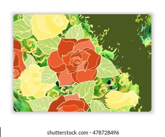 Floral cards. Vector template corporate identity. Business artworks with watercolor splash. Background for web, printed media design. Banner, business card, flyer, invitation, greeting card, postcard.