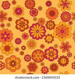 Moqueta floral, diseño de patrón de primavera sin fisuras, sonrisa, símbolo de la paz, margarita. Campo de verano inspirado en los años 70, cálido boho. Flores color rosa, amarillo, naranja, rojo, marrón.
