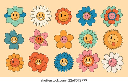 Floral cartoon characters. Set of stickers in trendy retro style. Isolated vector illustration. Hippie style 60s, 70s.Funny daisy with eyes and smile.