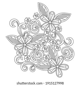 Floral cartoon vector doodle designs . Sketchy compositions with spring doodles objects and holiday symbols. Hand drawn illustrations Isolated on white . Line art background . For colloring book
