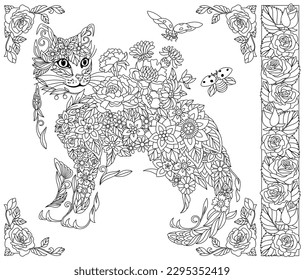 Floral cat. Adult coloring book page with fantasy animal and flower elements