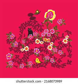 the floral cat pattern vectorial drawing pattern is designed for t-shirts.eps