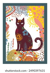 Floral Cat Silhouette, Silhouette of cats made of flowers. hand drawing. Poster for the interior. Postcard for pet lovers. Not AI, Vector illustration.