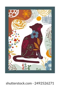 Floral Cat Silhouette, Silhouette of cats made of flowers. hand drawing. Poster for the interior. Postcard for pet lovers. Not AI, Vector illustration.