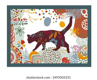 Floral Cat Silhouette, Silhouette of cats made of flowers. hand drawing. Poster for the interior. Postcard for pet lovers. Not AI, Vector illustration.