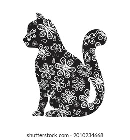 floral cat silhouette isolated on a white background