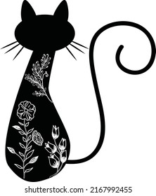 Floral Cat Silhouette on a White background