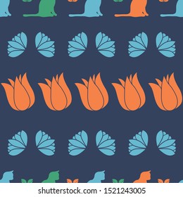 Floral Cat silhouette rows vector seamless pattern design 