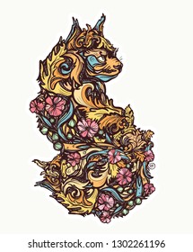 Floral cat. Tattoo and t-shirt design. Double exposure magic kitty 