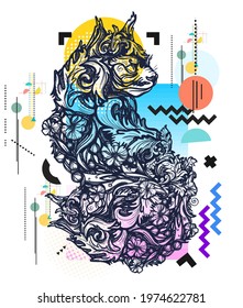 Floral Cat. Zine Culture Concept. Hand Drawn Vector Glitch Tattoo, Contemporary Cyberpunk Collage. Vaporwave Art