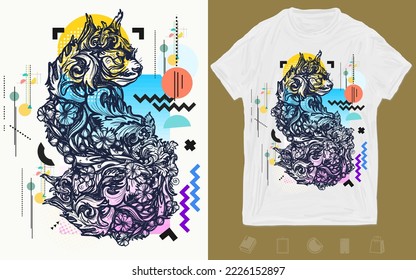 Floral cat. Zine culture concept. Hand drawn vector glitch tattoo. T-shirt design. Creative print for clothes. Template for posters, textiles