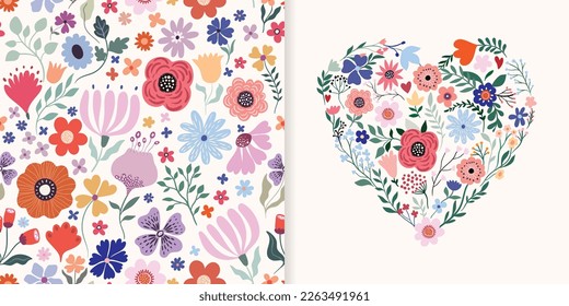 Floral celebration set with seamless pattern, background, wallpaper and greeting card, floral heart with flowers in bloom