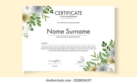 Floral Certificate template with delicate romantic flowers for eco friendly awards, health awards, warranty, guarantee, courses, workshop, Sample Vector Illustration Easy to edit, Customizable