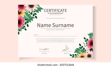 Plantilla de certificado floral con delicadas flores románticas para premios ecológicos, premios de salud, garantía, garantía, cursos, taller, Ejemplo Ilustración vectorial Fácil de editar, Personalizable
