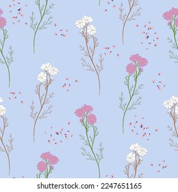 Floral chamomile blossom seamless pattern. Field daisy vector texture. Blooming botanical motifs scattered random. Ditsy print. Hand drawn artistic different wild meadow flowers on blue background