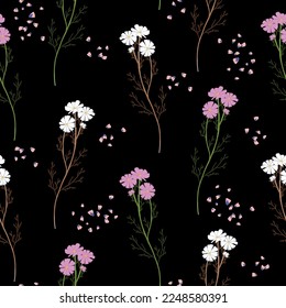Floral chamomile blossom seamless pattern. Field daisy vector texture. Blooming botanical motifs scattered random. Ditsy print. Hand drawn artistic different wild meadow flowers on black background
