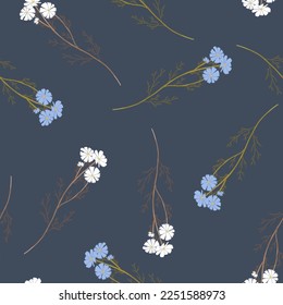 Floral chamomile blossom seamless pattern. Field daisy vector texture. Blooming botanical motifs scattered random. Ditsy print. Hand drawn artistic wild meadow flowers on blue background